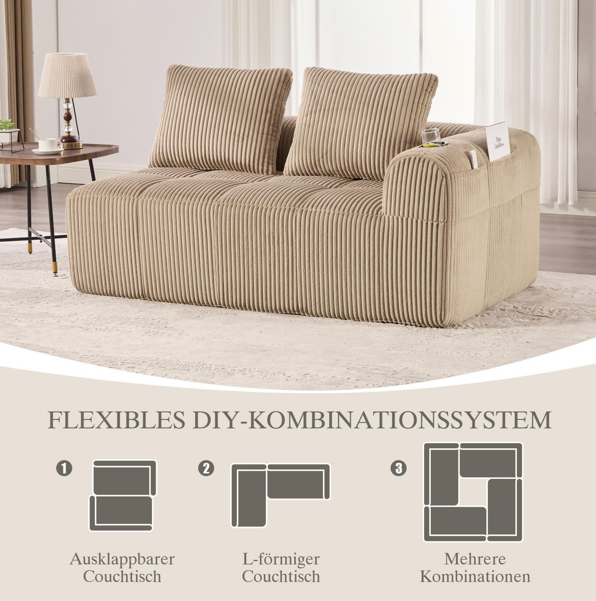 SOFA 2-Sitzer mit Seitenfächern 158 x 93 x 61 cm Cord Khaki - Braun, Kunststoff (158/61/93cm) - Meubliv