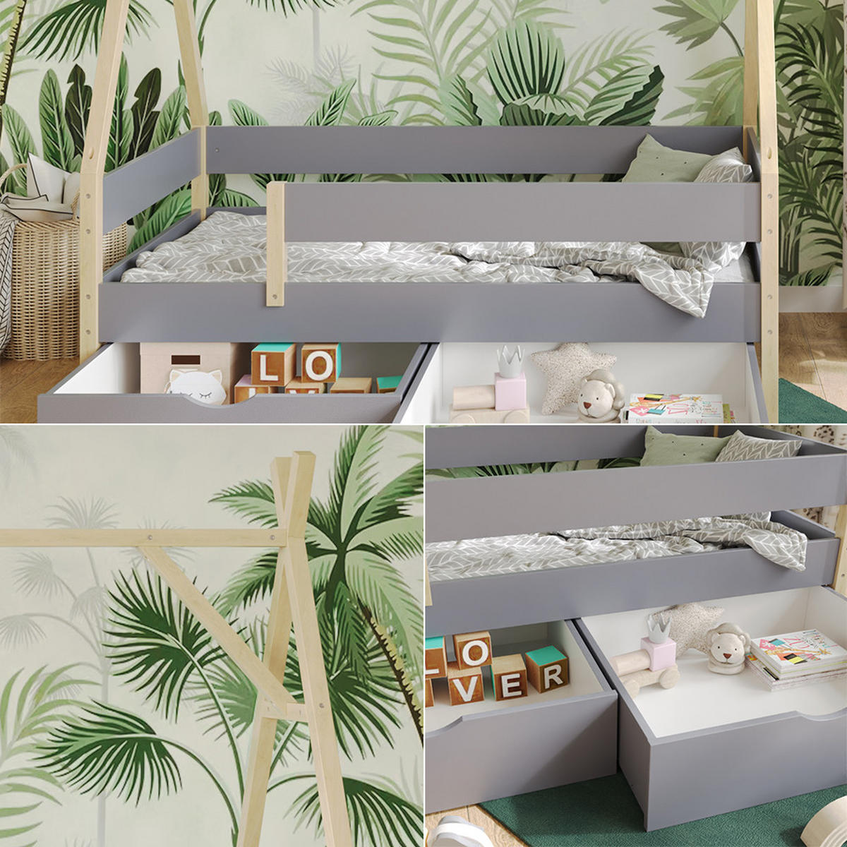 TIPI-BETT Bali Grau 80x160 cm mit 2 Schubladen - Grau, Holz - VitaliSpa