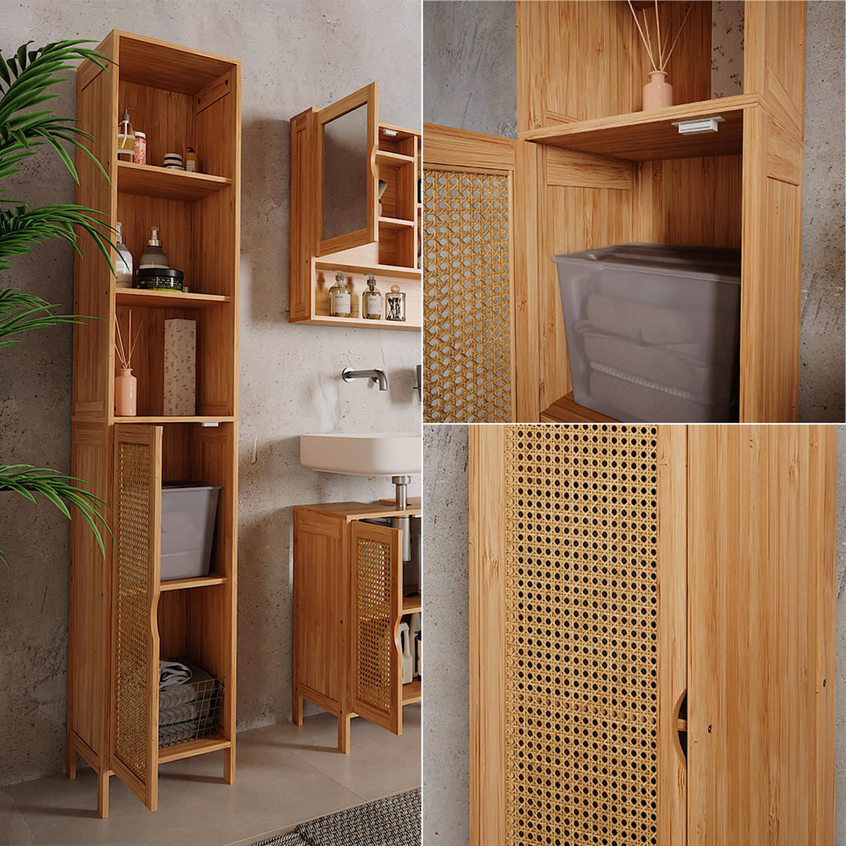 BADSCHRANK Liora Bambus 30 x 170 cm - Grün, Holzwerkstoff (30/170/29cm) - Vicco