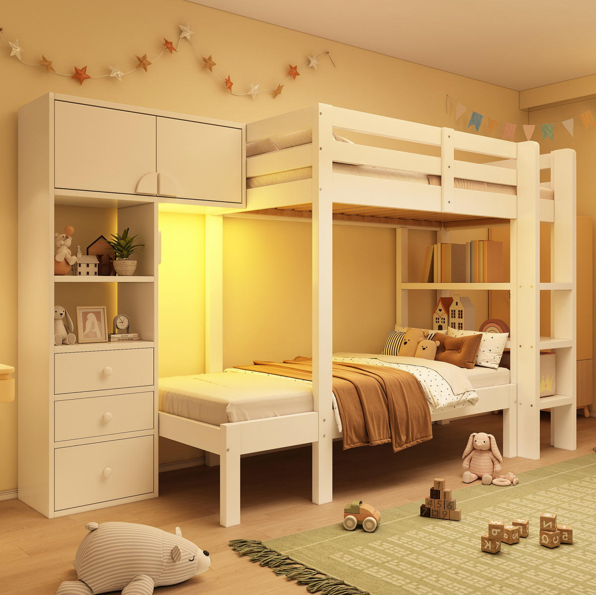ETAGENBETT 90/200 cm aus Massivholz und MDF mit Nachtlicht und Stauraum Weiß - Weiß, Metall (90/200cm) - Modenvie