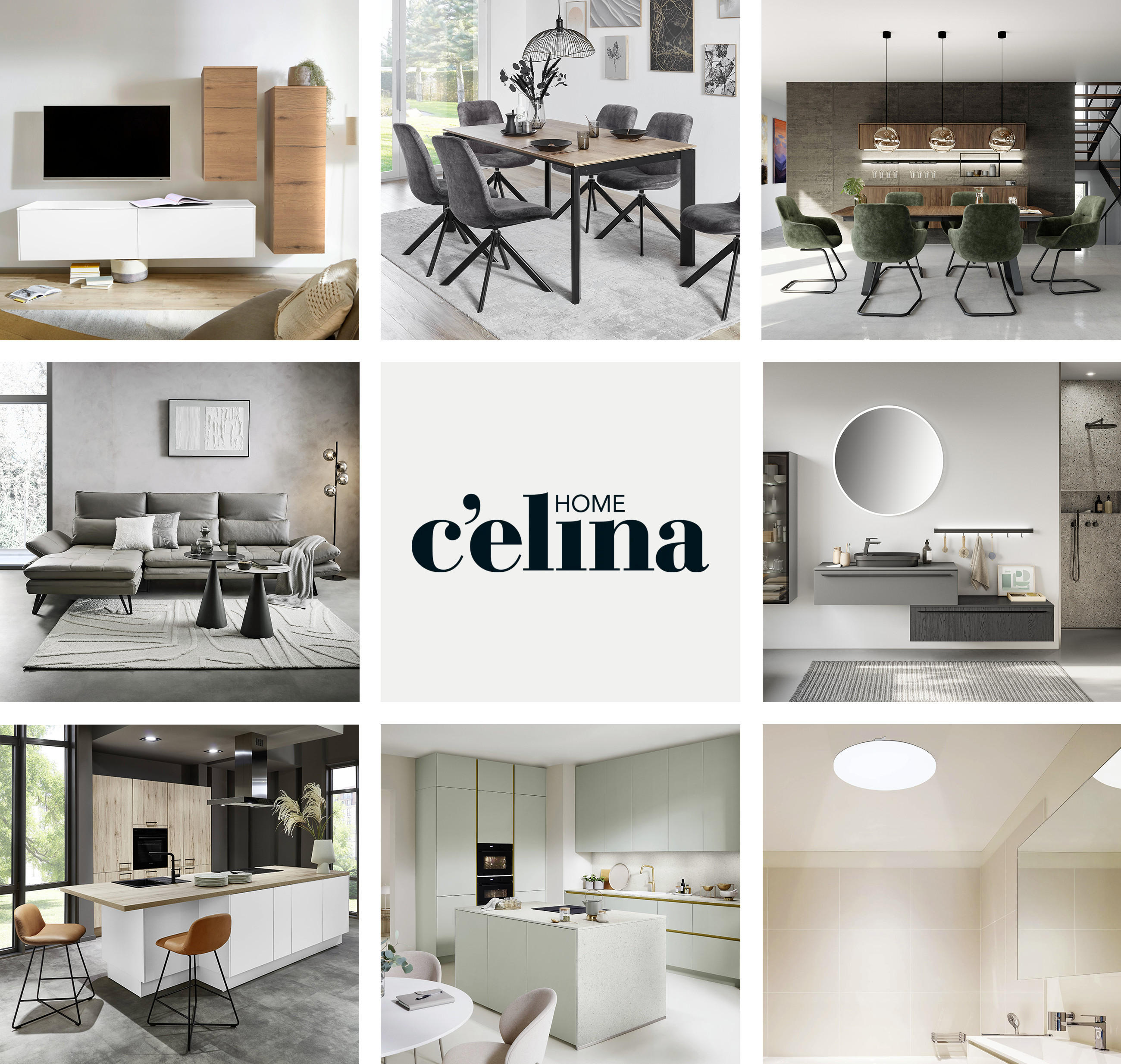 Collage mit Images die unterschiedliche Wohnbereiche mit Möbeln der Marke CELINA HOME zeigen.