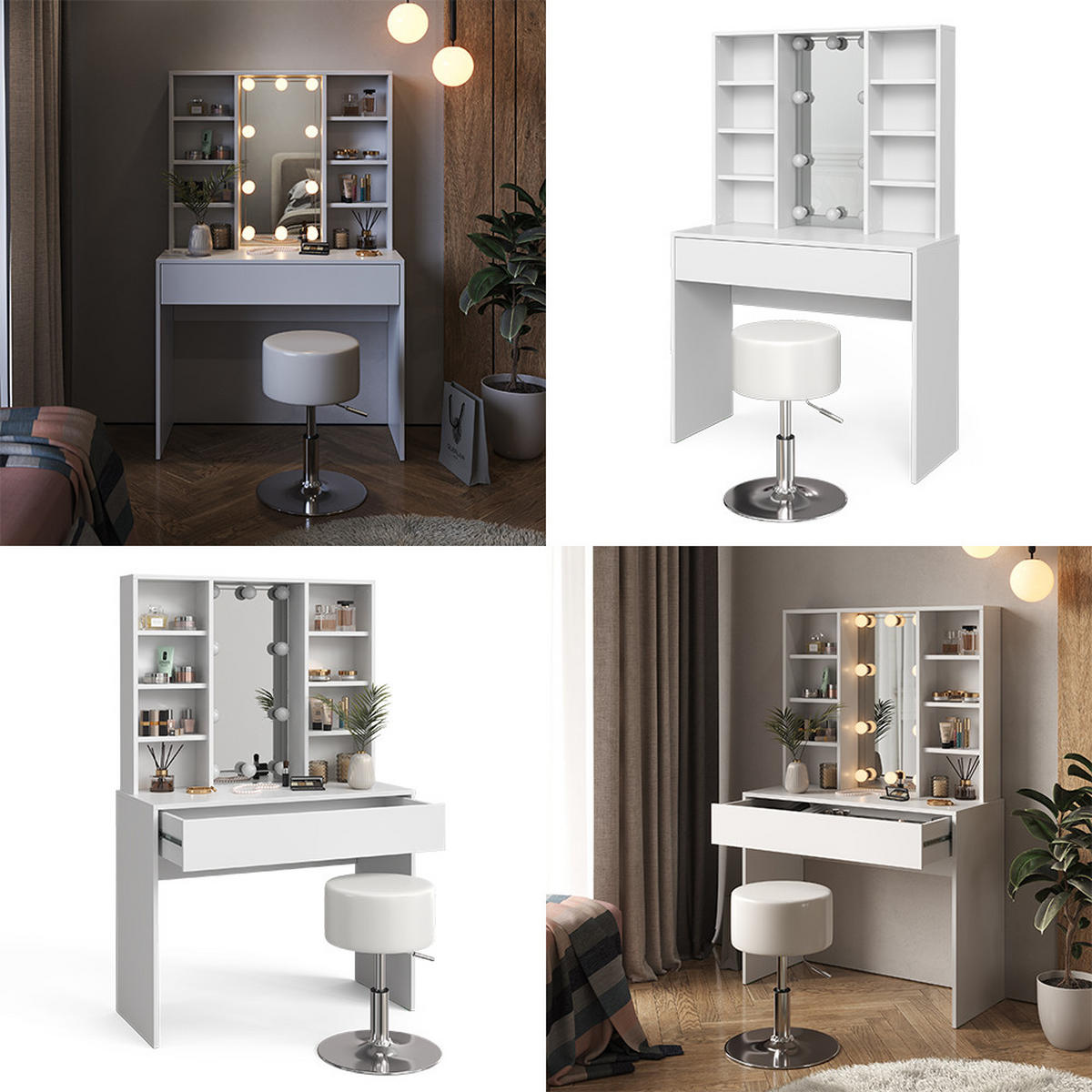 SCHMINKTISCH Alexa Weiß 93 cm mit LED Beleuchtung und Hocker - Weiß, Holzwerkstoff (93/147/40cm) - Vicco