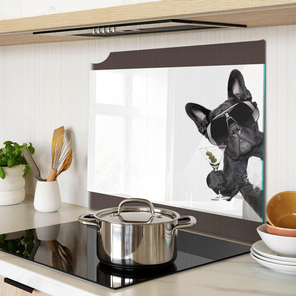 GLASPLATTE 60x52 cm Hund mit Martini - Dunkelgrau/Schwarz, Glas (60/52cm) - TULUP