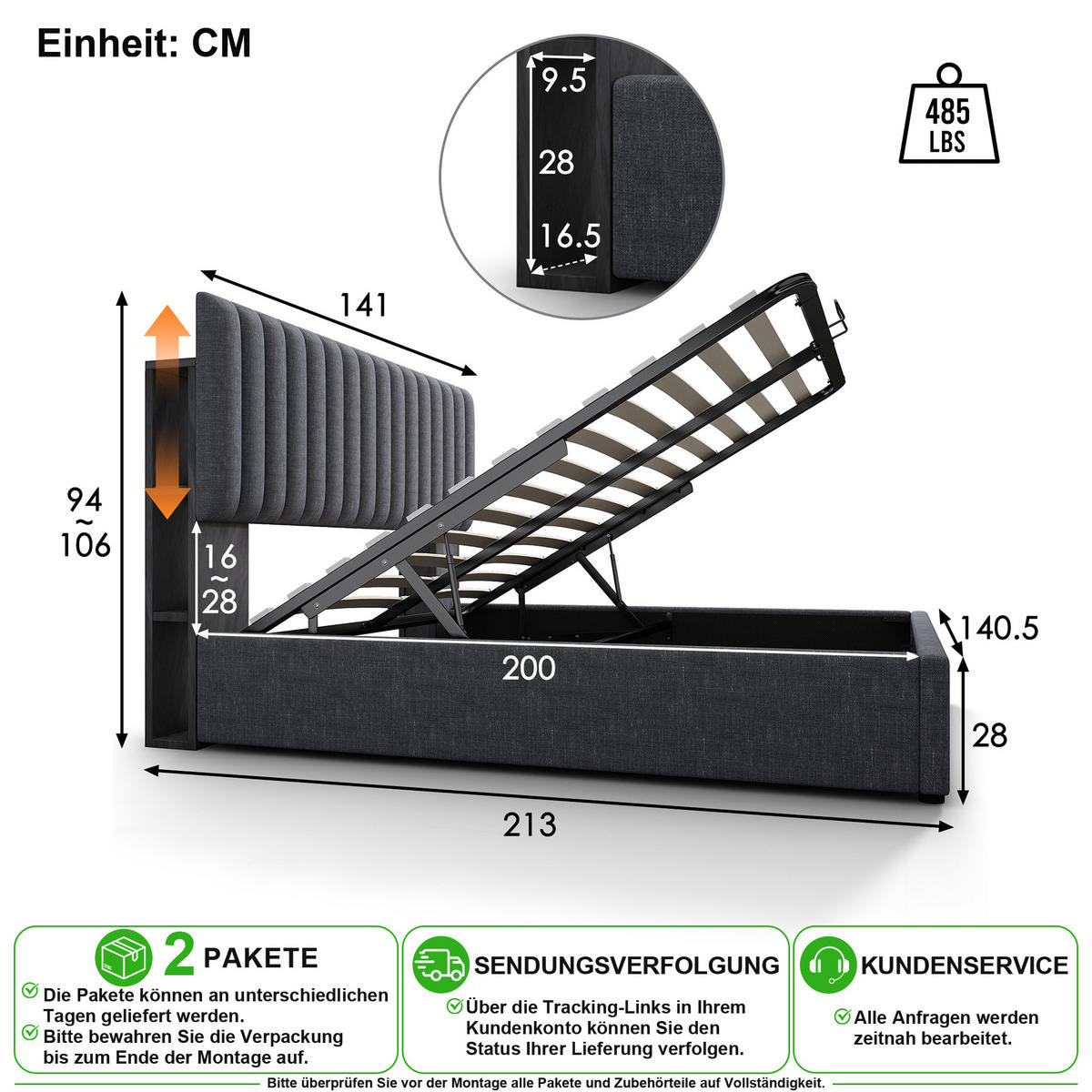 ČALOUNĚNÁ POSTEL 140/200 cm v šedé barvě s úložným prostorem, LED a USB-C - šedá, kov/kompozitní dřevo (140/200cm) - CHICFURN