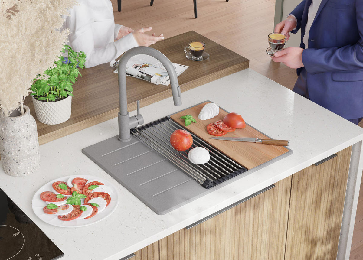 SPÜLBECKEN Kopenhagen, 2-er set Grau 62/50 cm 1 Becken + Ablauf-Set + Schneidebrett ab 50er Unterschrank - Beige/Grau, Kunststoff (62/20/50cm) - Primagran
