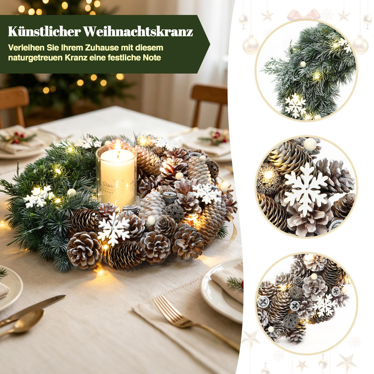 WEIHNACHTSKRANZ mit LED Beleuchtung & Timer - Dunkelgrün, Naturmaterialien (35cm) - Hometopia