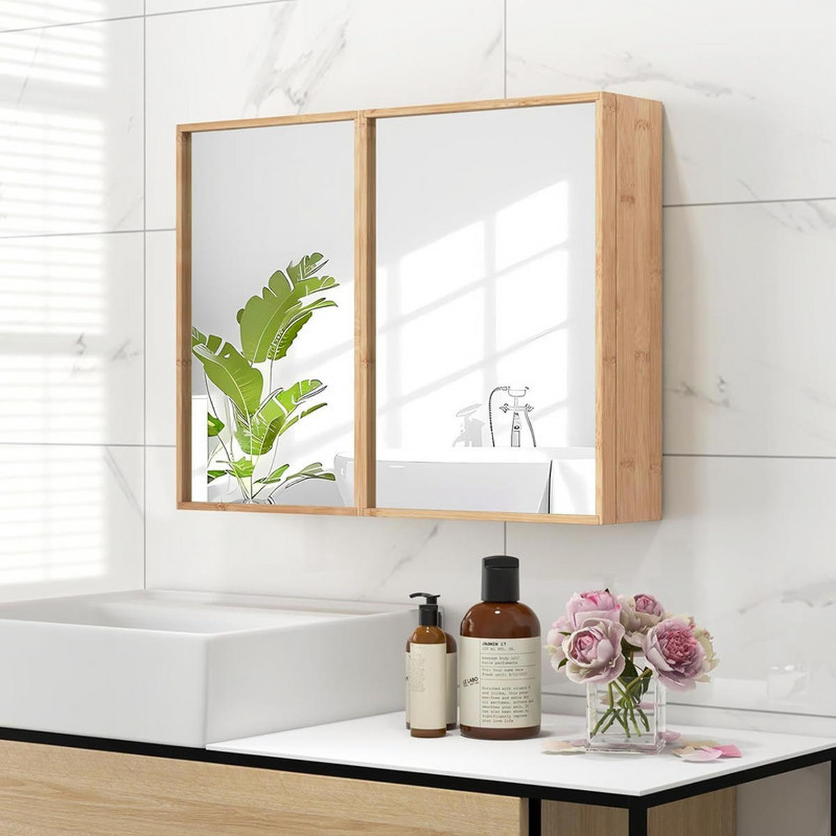 SPIEGELSCHRANK BAD aus Bambus natur - Naturfarben, Naturmaterialen (65/50.5/14cm) - COSTWAY