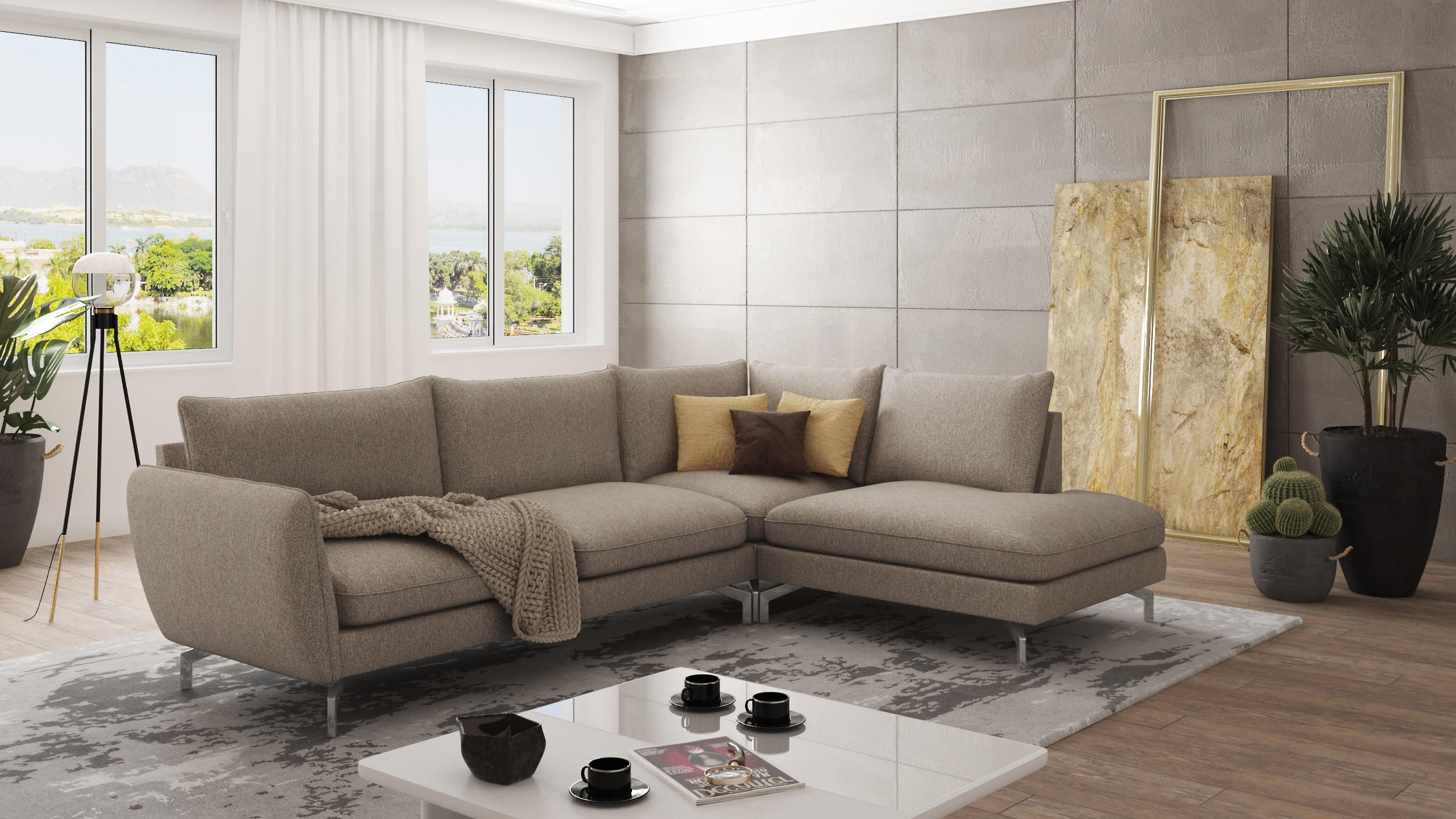 ECKSOFA Elou Dunkelbeige Microfaser - Chromfarben/Beige, Holz/Textil (277/200cm) - S-Style Möbel