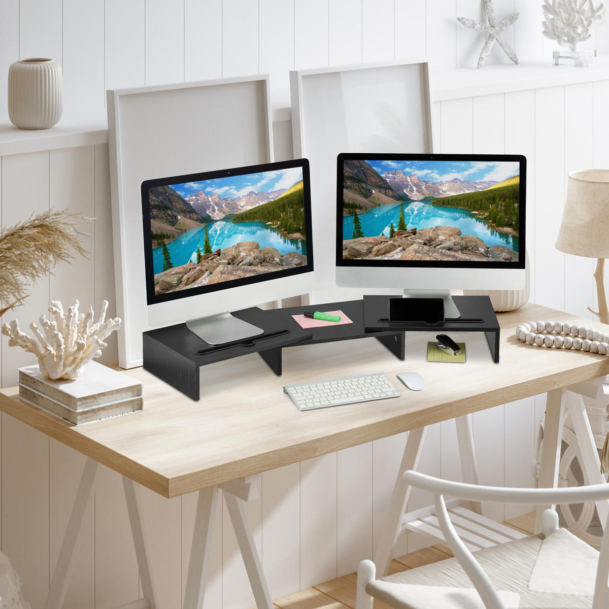 MONITORSTÄNDER Schwarz für 2 Monitore ausziehbar 105 cm - Schwarz, Holzwerkstoff/Kunststoff (27/105/10.5cm) - Relaxdays
