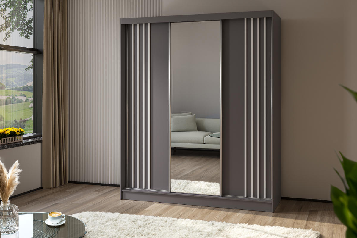 SCHWEBETÜRENSCHRANK Neli 180 cm mit Lamellen und Spiegel 3-türig, grau, grau, Lamelle weiß - Weiß/Grau, Kunststoff (180/216/61cm) - Margaret Hadas24