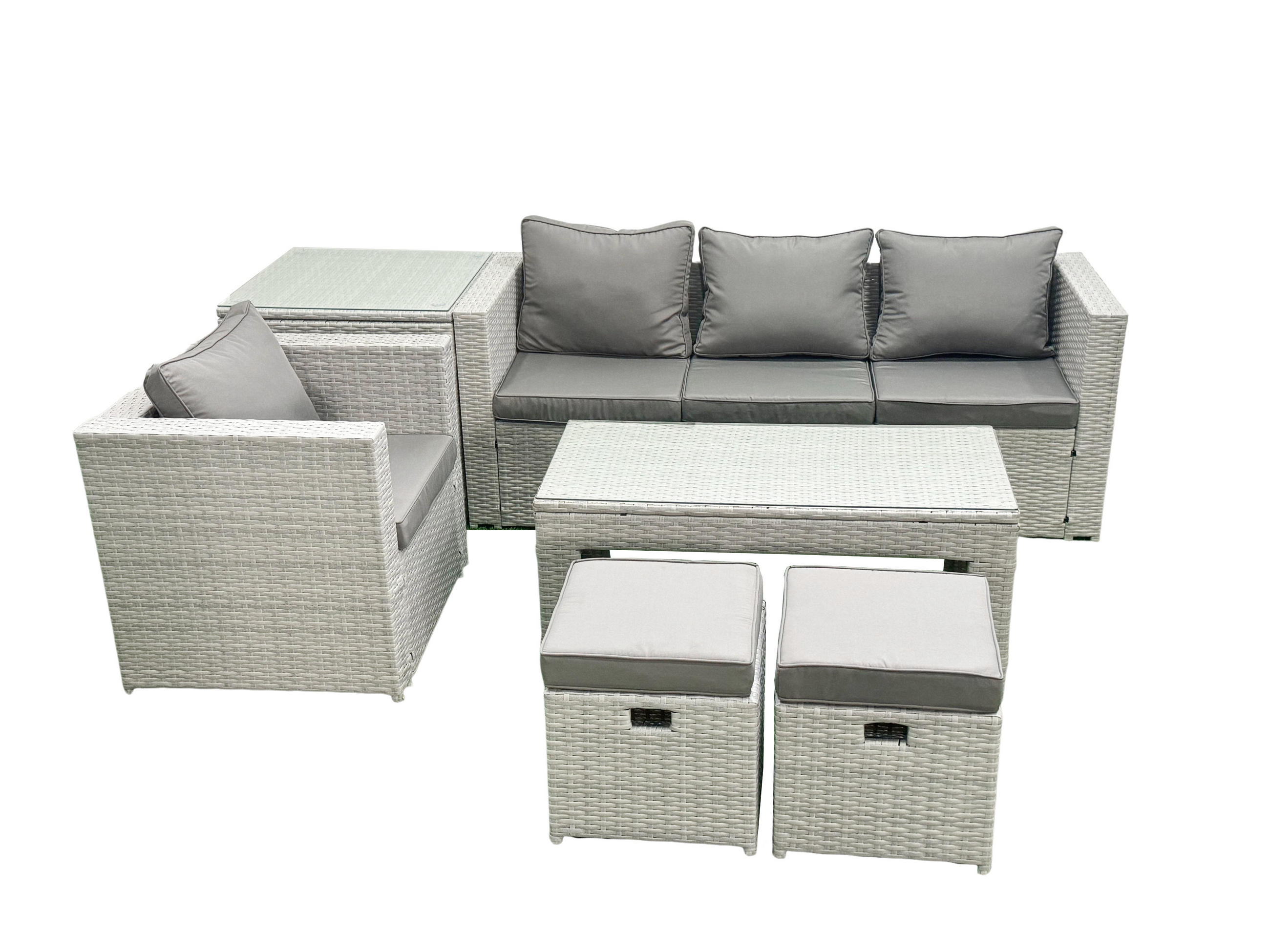 BALKONMÖBEL-SET Polyrattan Hellgrau-Mix 6-teilig - Hellgrau/Grau, Glas/Kunststoff - Fimous