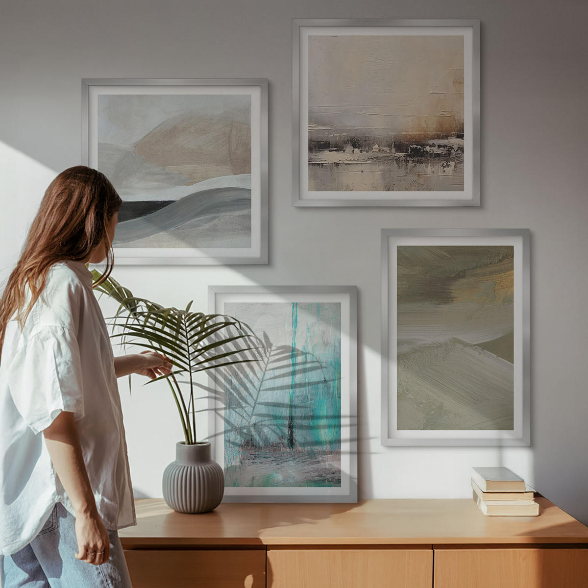 WANDBILDER 4er Set - 50x50 cm & 40x60 cm Silberner Rahmen - Gemalte abstrakte Dekorationen - Silberfarben, Kunststoff (50/50cm) - ArtPrintCave