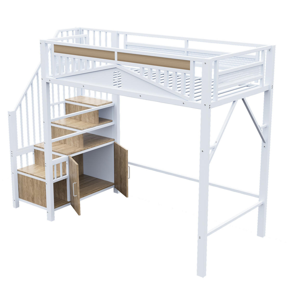 HOCHBETT 90/200 cm aus Metall und Holzwerkstoff mit Stauraumtreppe, Sicherheitszaun und Fensterdesign, Weiß - Weiß, Metall (90/200cm) - Redom