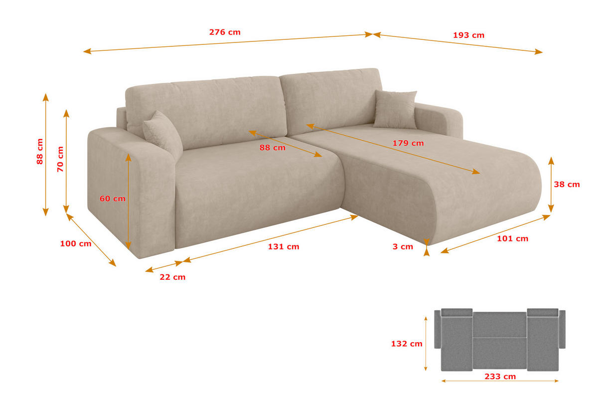 ROHOVÁ SEDAČKA s funkcí spaní, otoman vpravo BERY-L 276x193x88 béžová velur - černá/Sahara, kompozitní dřevo/textil (276/193cm) - ALTDECOR