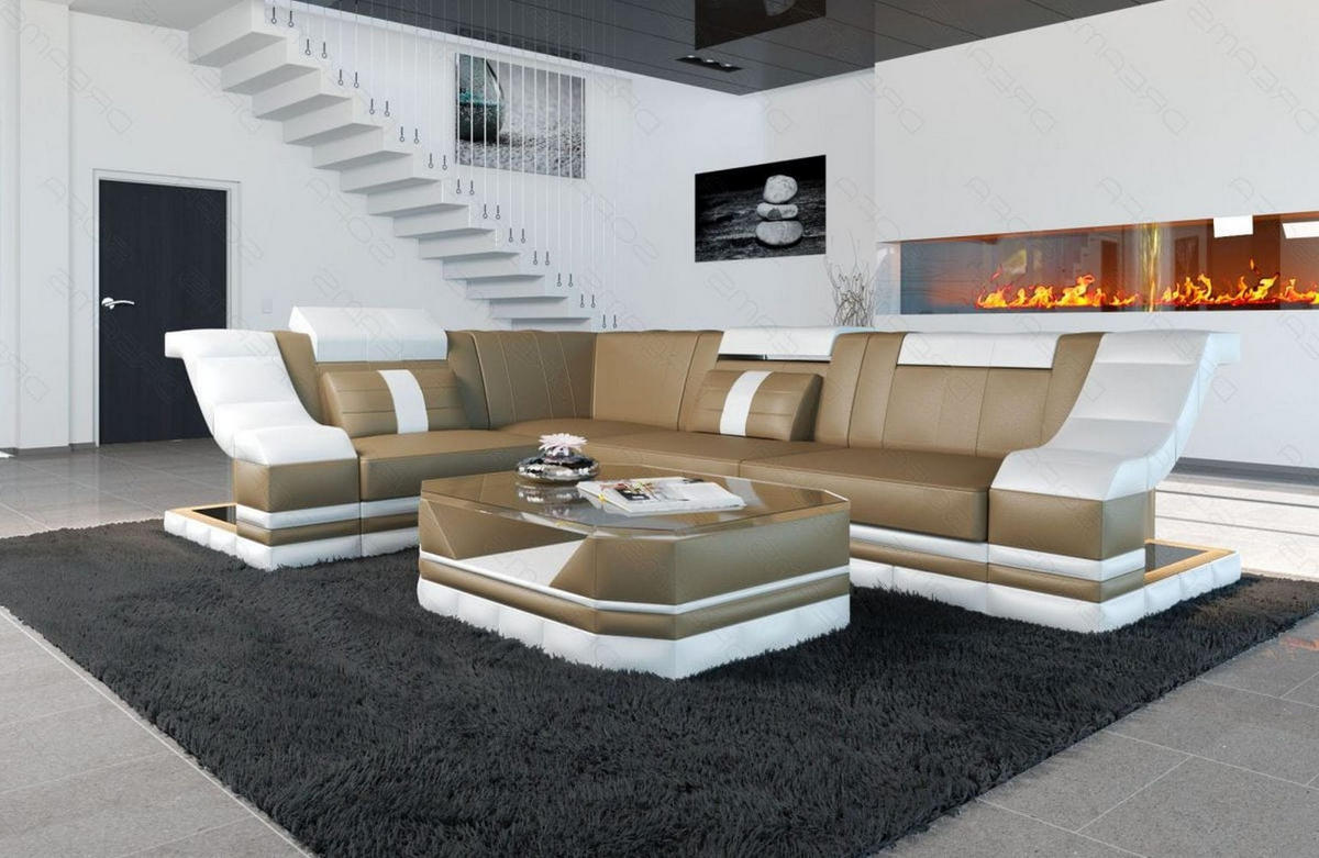 COUCH Bianchi Sandbeige Weiß Büffelleder - Sandfarben, Leder (271/196cm)