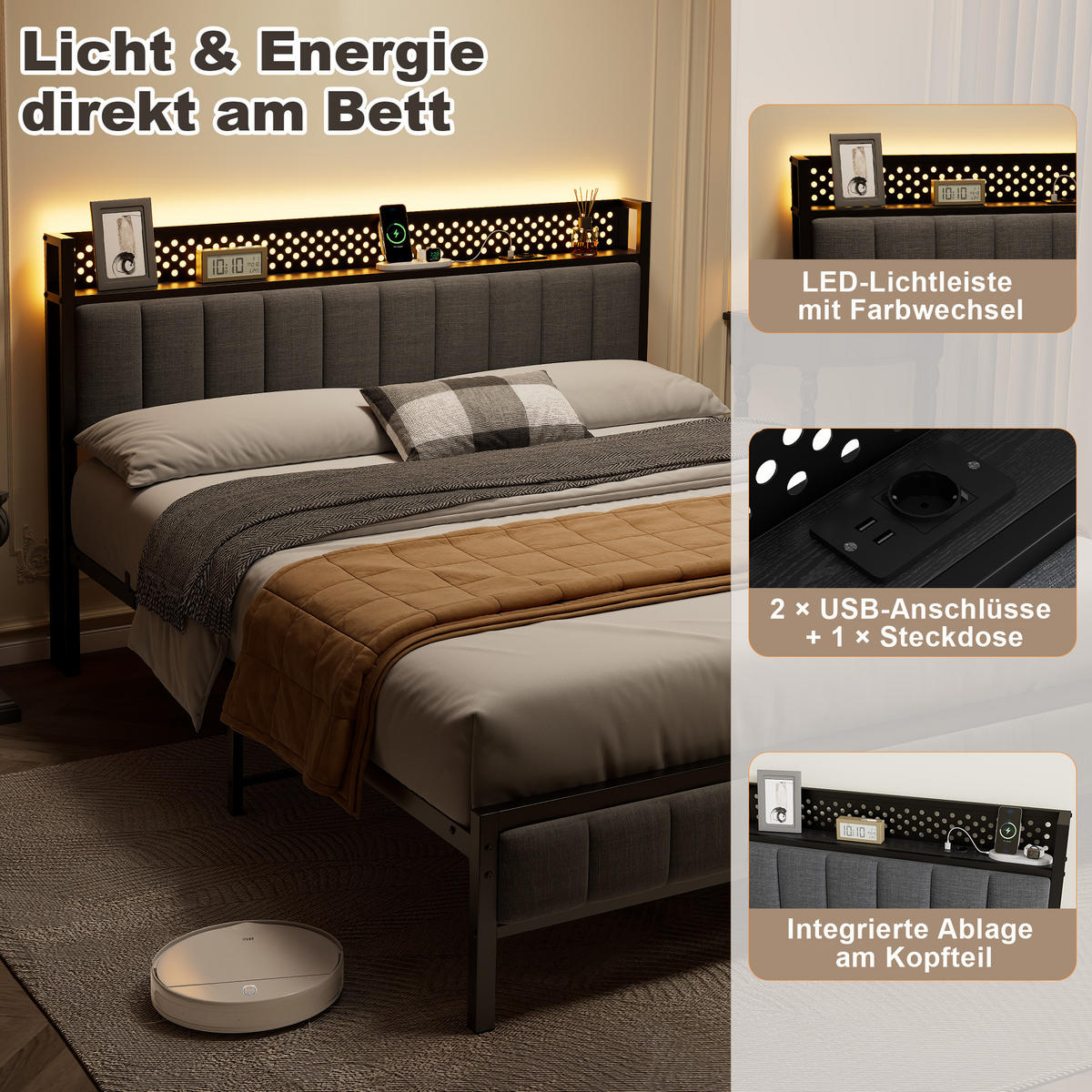 METALLBETT 140/200 cm in Schwarz mit USB-Anschlüssen und Stauraum - Schwarz, Metall (140/200cm) - OKMYHOME