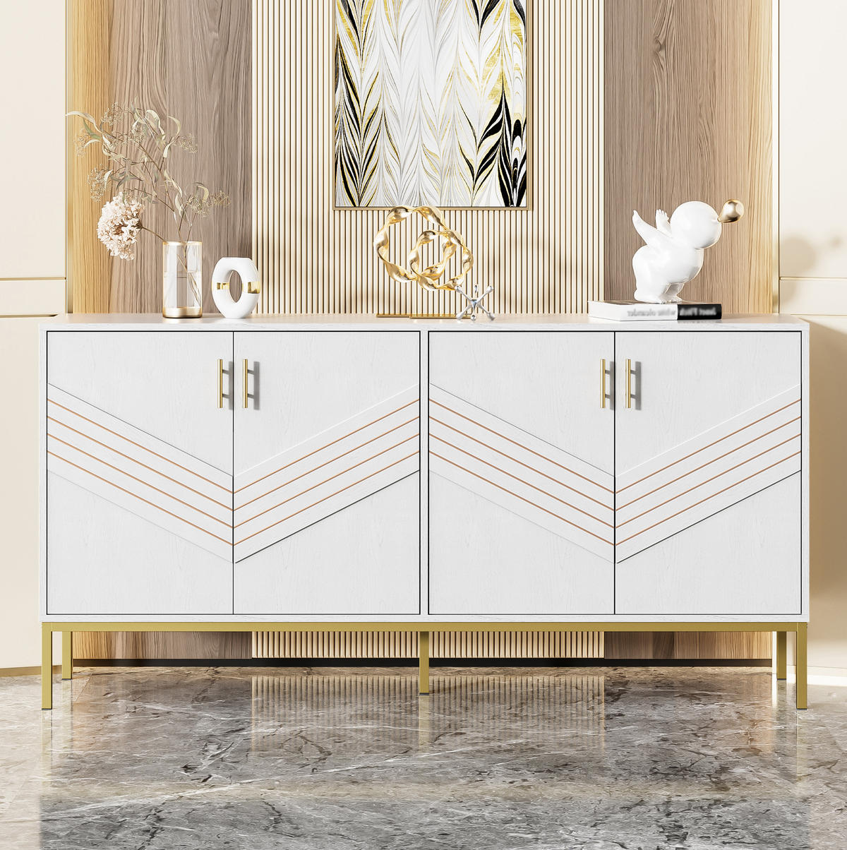 SIDEBOARD 160/40/80.5 cm Weiß mit Holzmaserung aus MDF mit 4 Türen - Weiß, Holzwerkstoff (40/80.5/160cm) - OKMYHOME