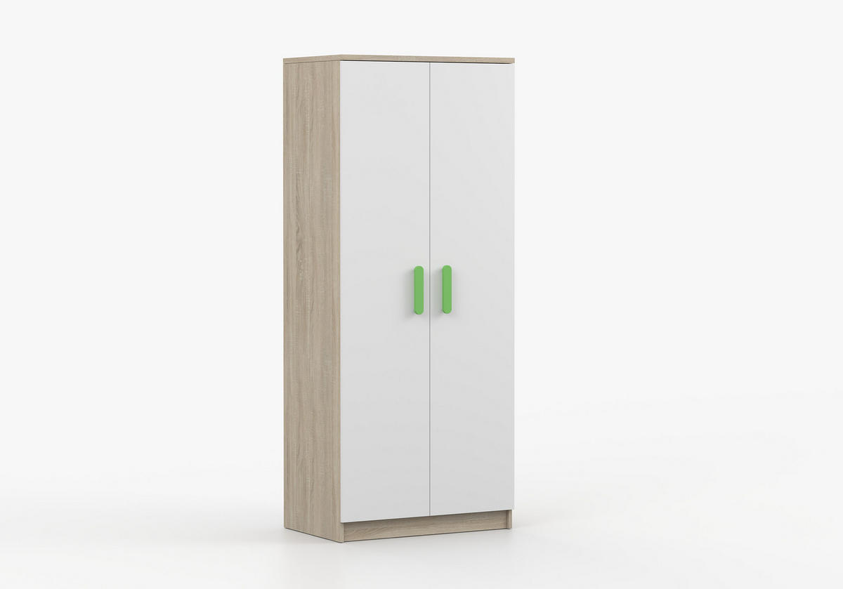 JUGENDZIMMER Elora in Eiche und Weiß – 4-teiliges Set mit Schreibtisch, Kommode, Wandregal und Schrank – Grifffarbe Limette - Braun, Holzwerkstoff (80/200/120cm)