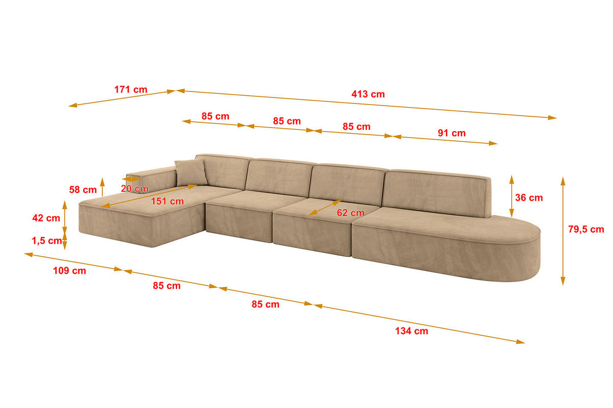 ECKSOFA Ottomane Links IREA-L3-v4 - 413x171x79 cm Beige - Beige, Holzwerkstoff/Textil (413/171cm) - ALTDECOR