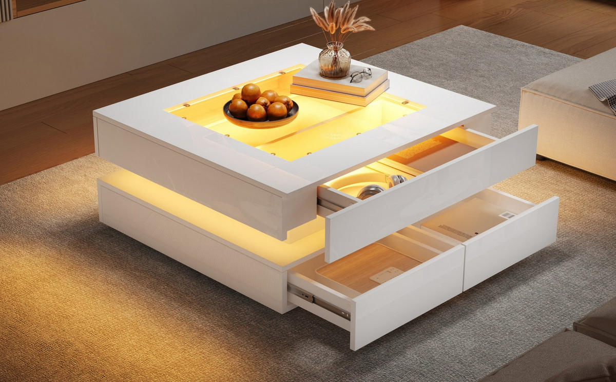 COUCHTISCH 70/70/35 cm mit LED-Beleuchtung, 3 Schubladen und Glastischplatte, Weiß - Weiß, Holzwerkstoff (70/70/35cm) - Modfu