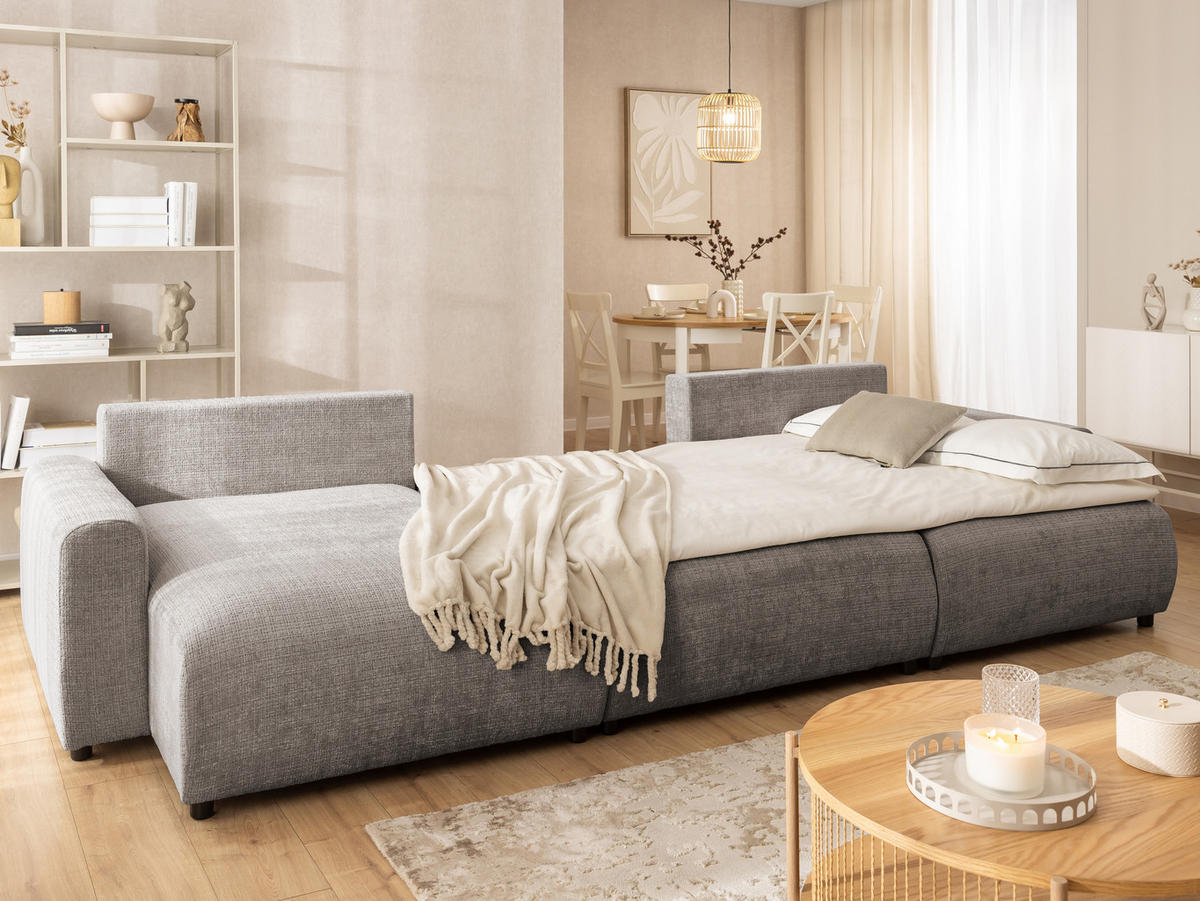 WOHNLANDSCHAFT Calma mit Schlaffunktion und Bettkasten im Bumpy-Design aus weichem Taupe Chenille-Stoff - Taupe/Schwarz, Holz/Kunststoff (336/88/140cm) - S-Style Möbel