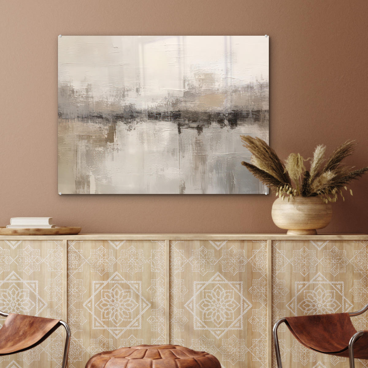ACRYLGLASBILD Moderne Kunst - Abstrakt - Beige 80x60 cm - Beige, Glas (80/60cm) - MuchoWow