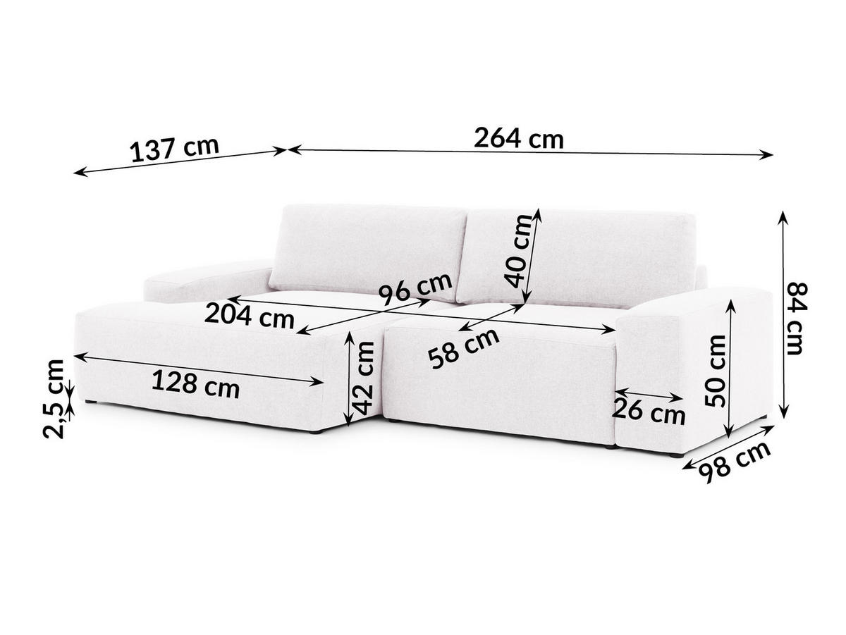 ECKSOFA Lennon aus Creme Strukturstoff mit Schlaffunktion und Bettkasten - Creme/Schwarz, Holz/Kunststoff (137/264cm) - S-Style