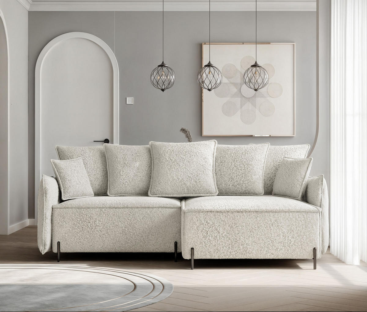ECKSOFA MARCO Rechts, mit Schlaffunktion und Bettkasten, Creme - Creme, Textil/Metall (221/148cm) - Idohome