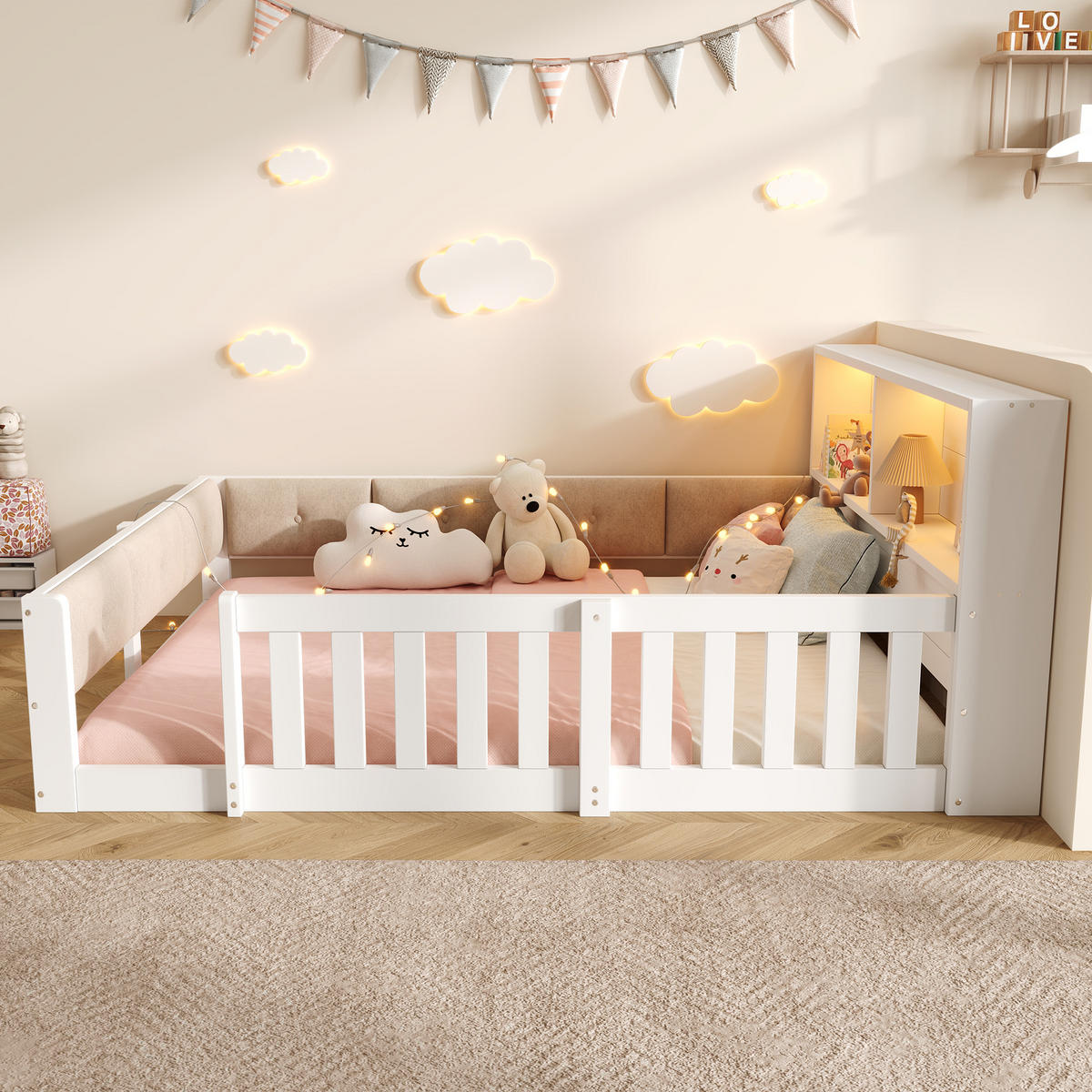 FLACHBETT 140x200cm Gitter Kinderbett LED Weiß - Weiß, Holzwerkstoff (140/200cm) - FLIEKS