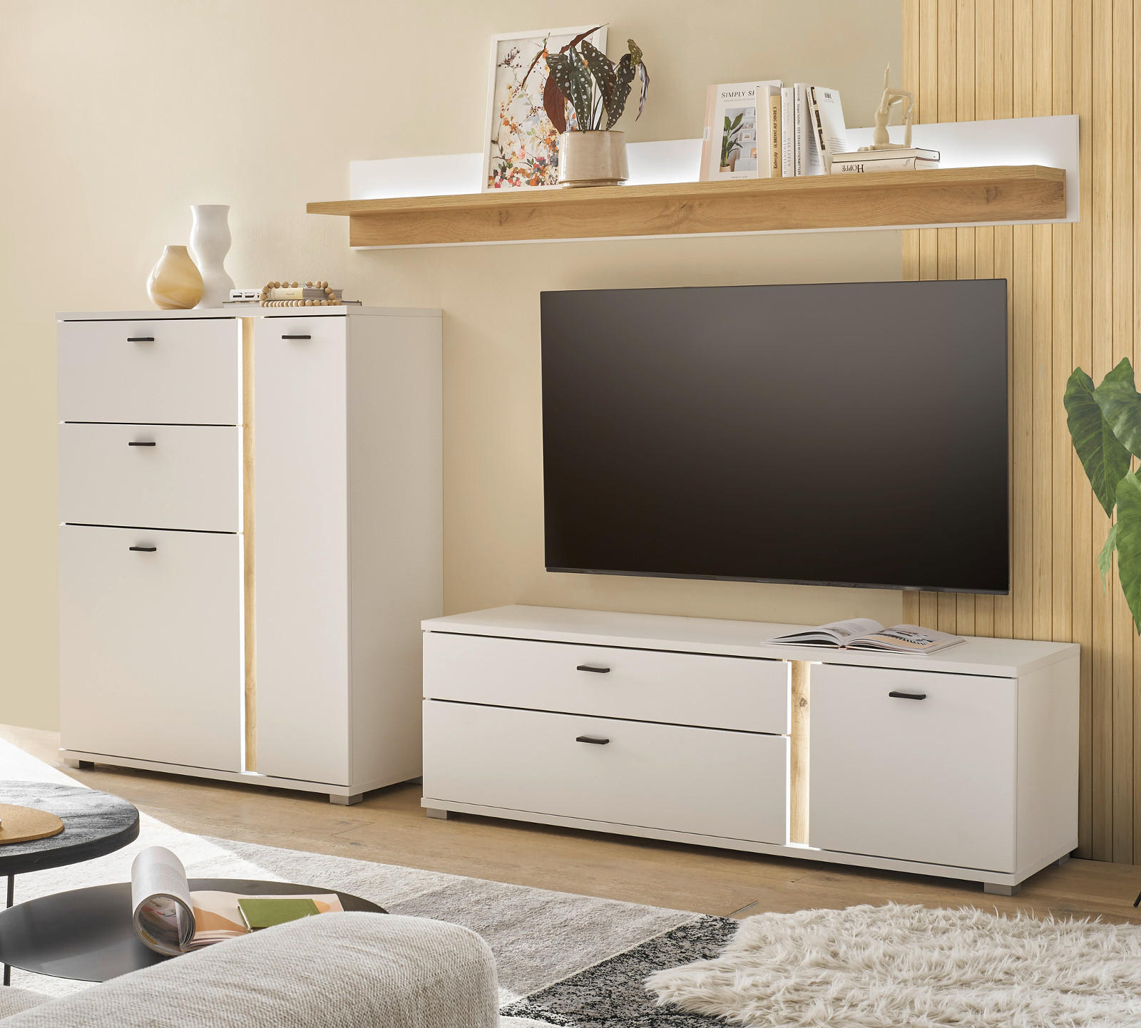 WOHNWAND weiß matt, Wotan Eiche, Wohnkombination inklusive Frontbeleuchtung 260 cm - Eiche Wotan/Weiß, Holzwerkstoff/Metall (260/170/42cm) - Furn.Design