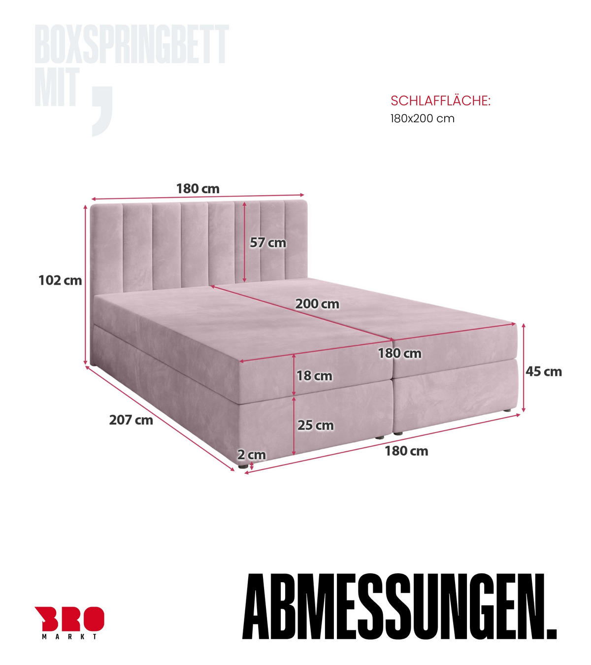 BOXBETT Denver mit Topper 180/200 Rosa - Rosa, Holzwerkstoff/Textil (180/200cm) - Bromarkt