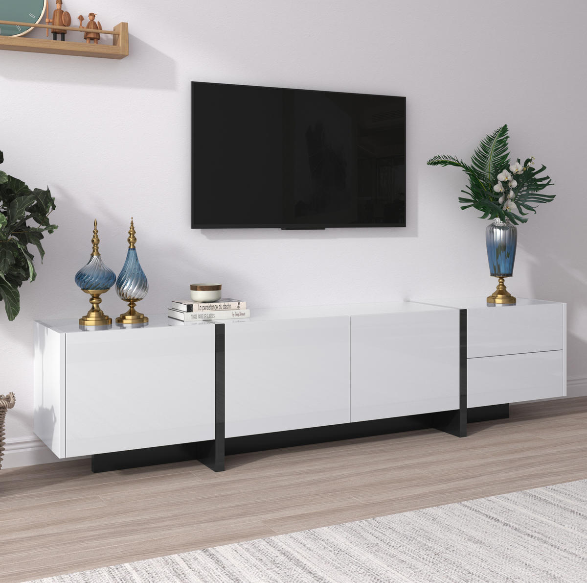 TV-SCHRANK in Weiß Hochglanz mit schwarzen Füßen, 3 Türen und 2 Schubladen 190/35/45 cm - Weiß, Holzwerkstoff (190/45/35cm) - Redom