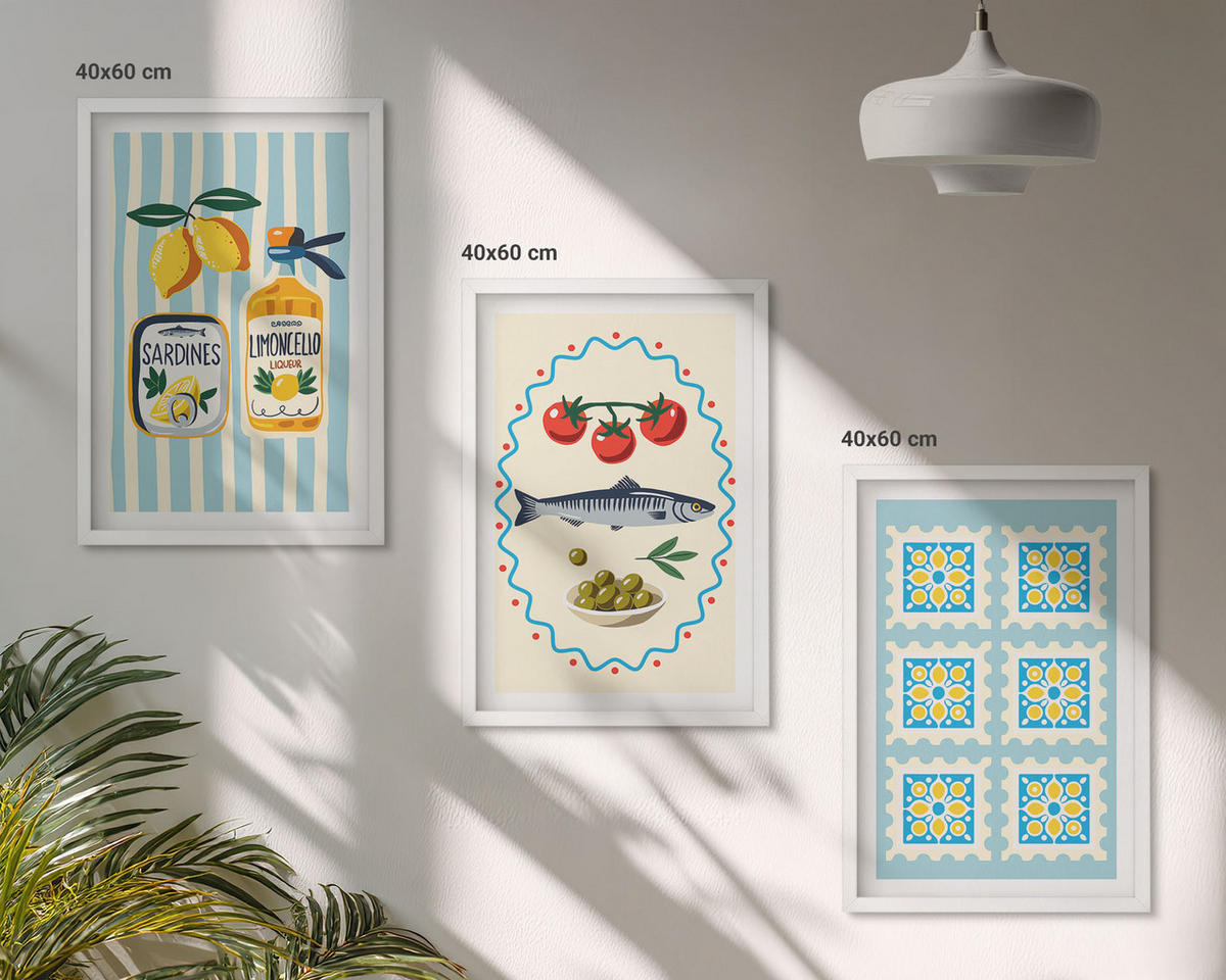 BILDER SET 3er Set - 40x60 cm Weißer Rahmen - Illustrationen von Küchen im mediterranen Stil - Weiß, Kunststoff (40/60cm) - TULUP