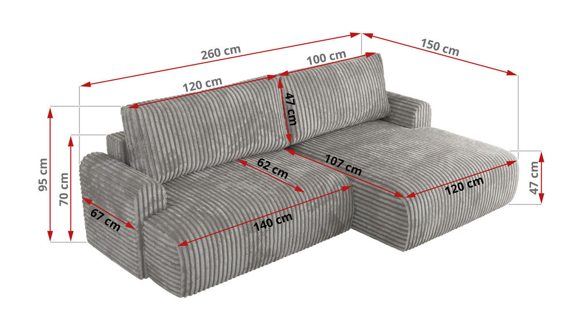 ECKSCHLAFSOFA TONO L Grau Cord - rechts - Schwarz/Grau, Kunststoff/Textil (150/260cm) - MKS