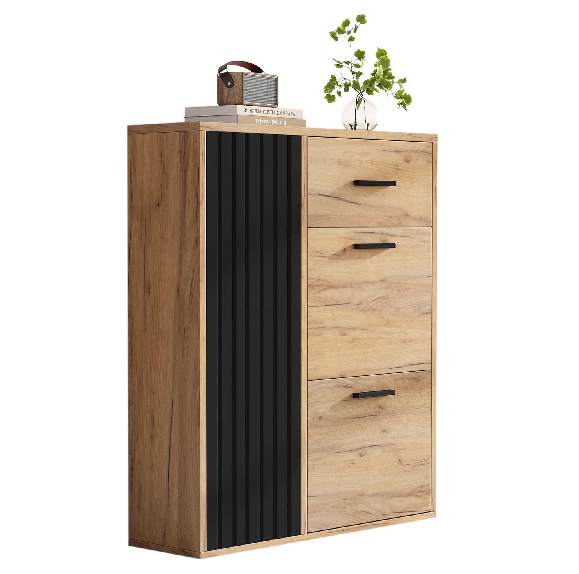 SCHUHSCHRANK 80/24/95,5 cm mit 2 Klappen, 1 Tür und Schublade in Natur/Schwarz - Naturfarben, Holzwerkstoff (80/95.5/24cm) - BEAOK