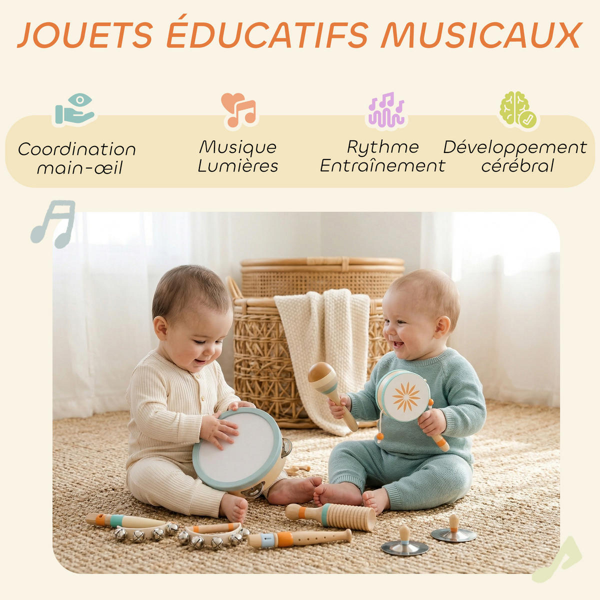 MUSIKINSTRUMENTE DE-18655 10-teilig, Holz-Tamburin & Maracas Natur - Multicolor, Holzwerkstoff (15/4.8/15cm) - ComfortXL