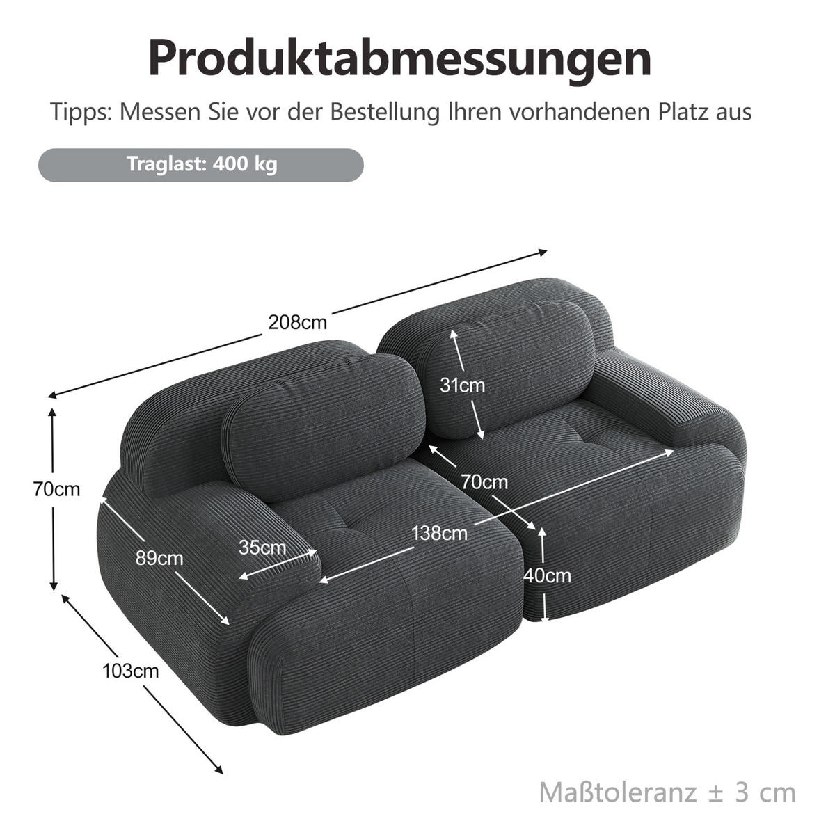 SOFA 208/103/70 cm in Grau aus Cord mit modularer Form und rutschfester Unterseite - Grau, Textil (103/70/208cm) - Flora Grace