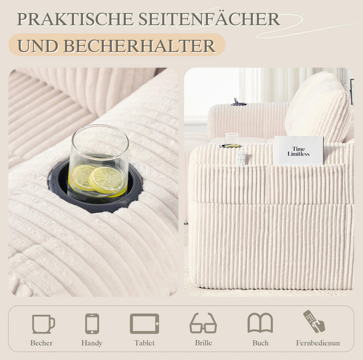 ECKSOFA 253/158/61 cm beige aus Cord mit Becherhaltern - Beige, Textil (158/253cm) - OKWISH