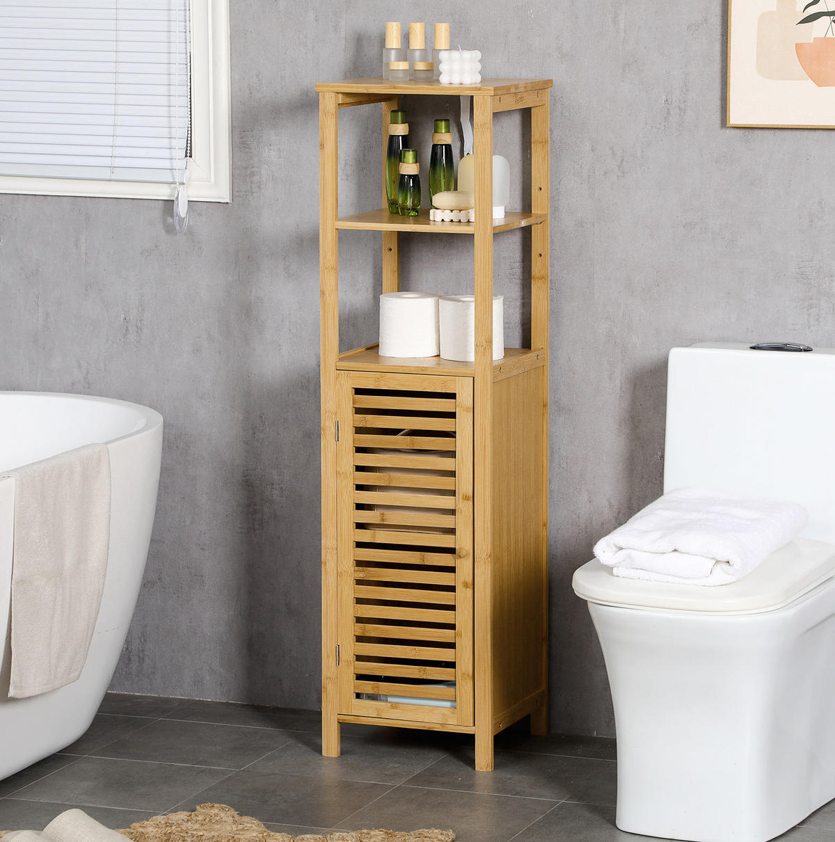 BADEZIMMER Kommode 32.9x29.9x120 cm Natur aus Bambus mit Lamellentür & verstellbaren Ablagen - Naturfarben, Naturmaterialien (32.9/120/29.9cm) - Modfu