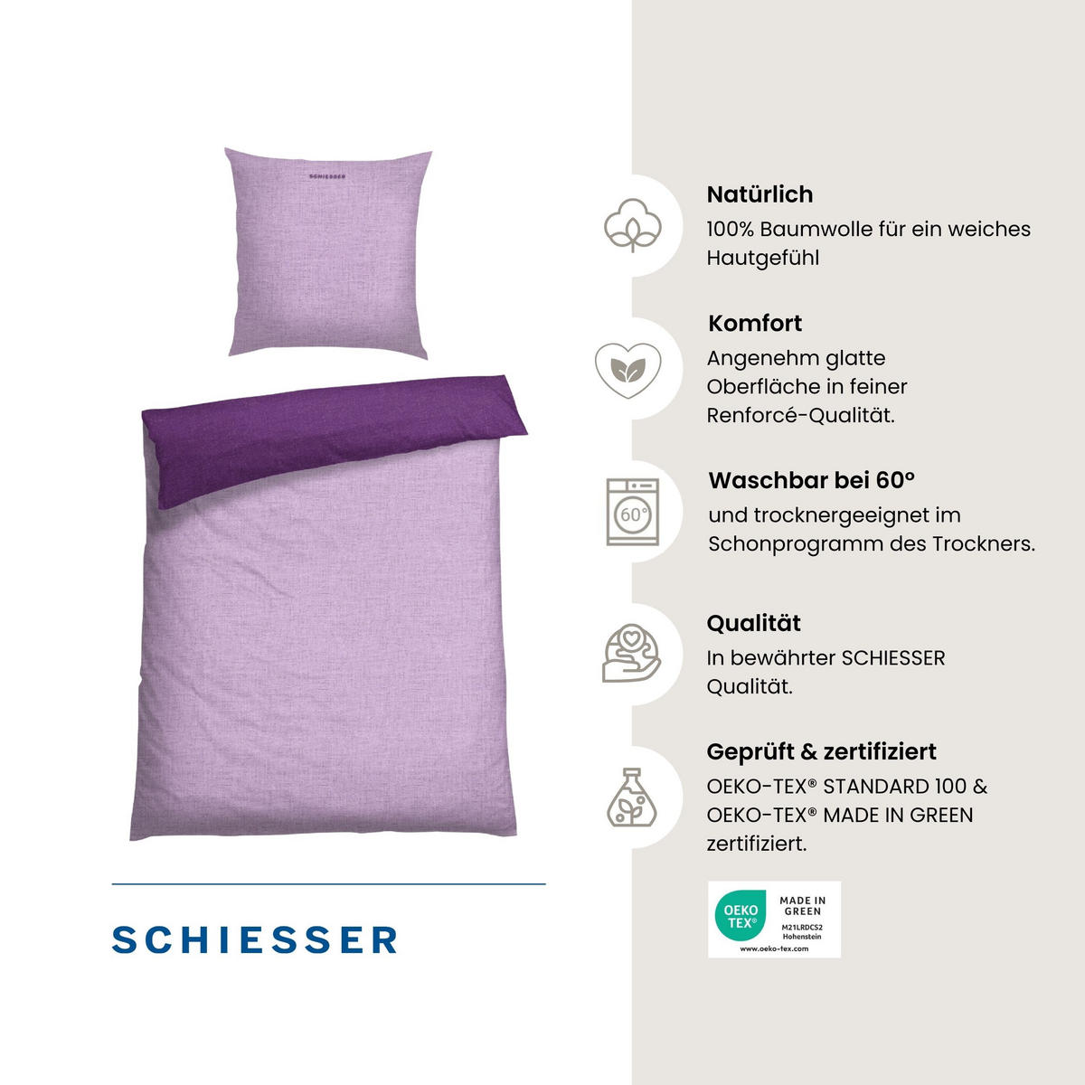 BETTWÄSCHESET Doubleface - Renforcé - 2-teilig - 135 x 200 cm - Lila - Lila, Textil (135/200cm) - SCHIESSER
