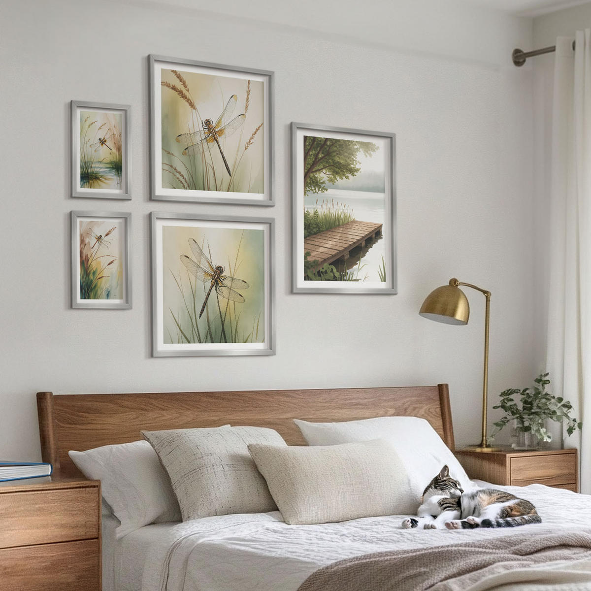 WANDBILDER 5er Set - 50x50 cm & 20x30 cm & 40x60 cm Silberner Rahmen - Libellengräser über dem Wasser - Silberfarben, Kunststoff (40/60cm) - ArtPrintCave