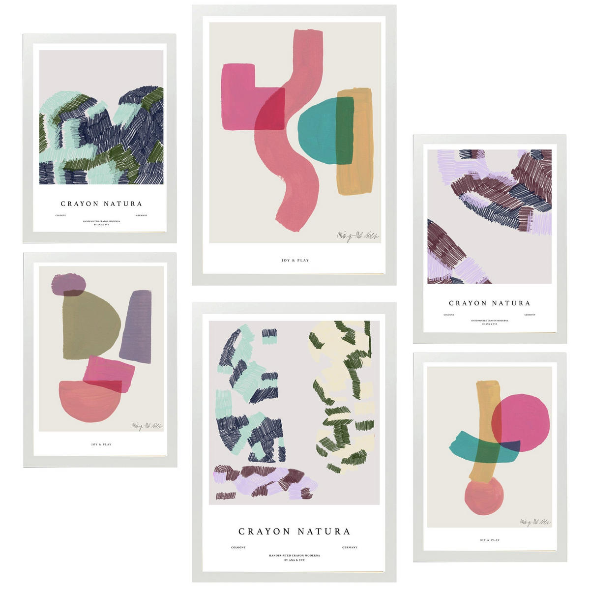 POSTER Set Mit 6 Abstrakte Kunst In Rosa Lila & Grüntönen A3 & A4 Weißer Rahmen - Weiß, Papier (29/3cm) - Nacnic