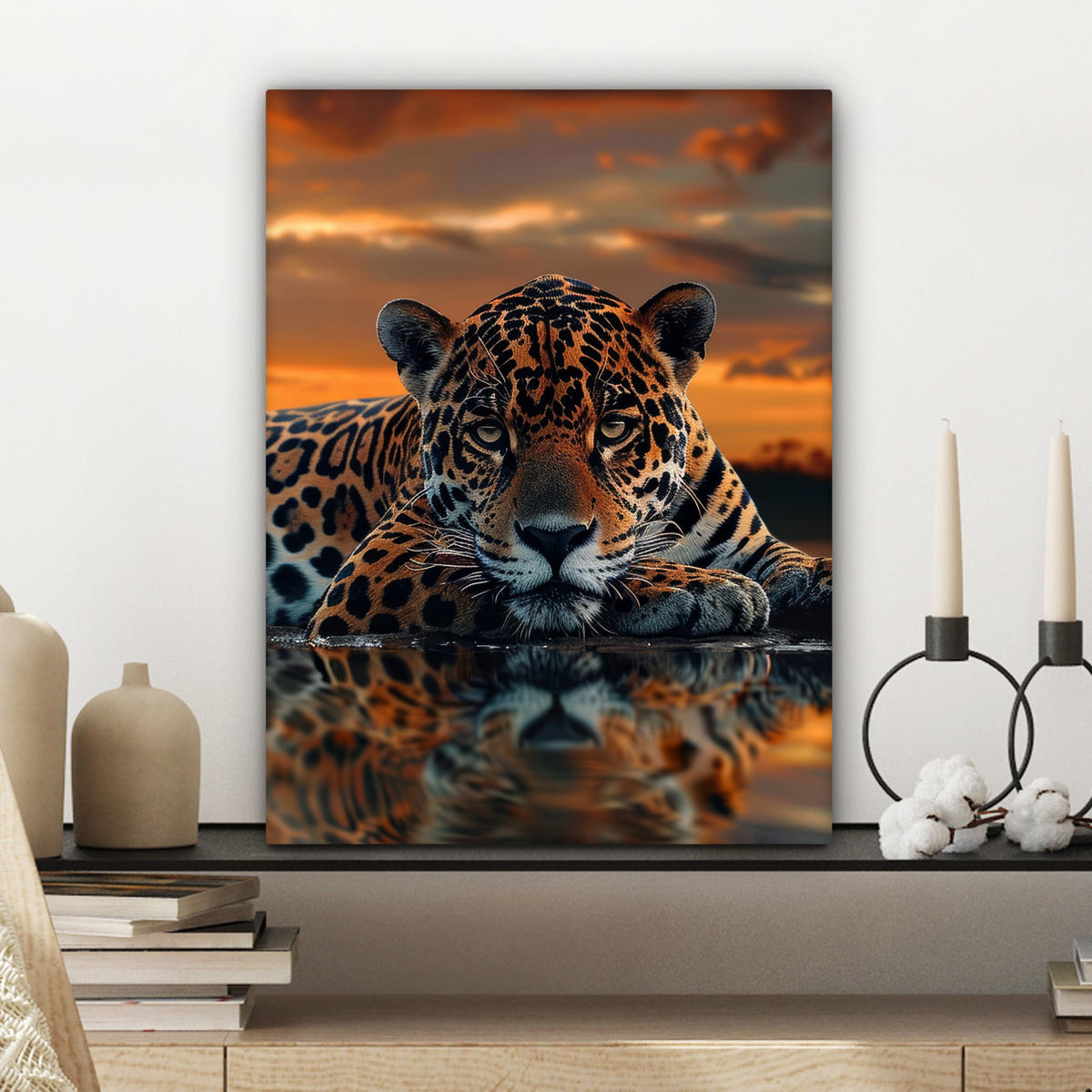 LEINWANDBILD Natur - Leopard - Tier - Sonnenuntergang - Modern Room Decor 30x40 cm - Orange, Textil (30/40cm) - MuchoWow