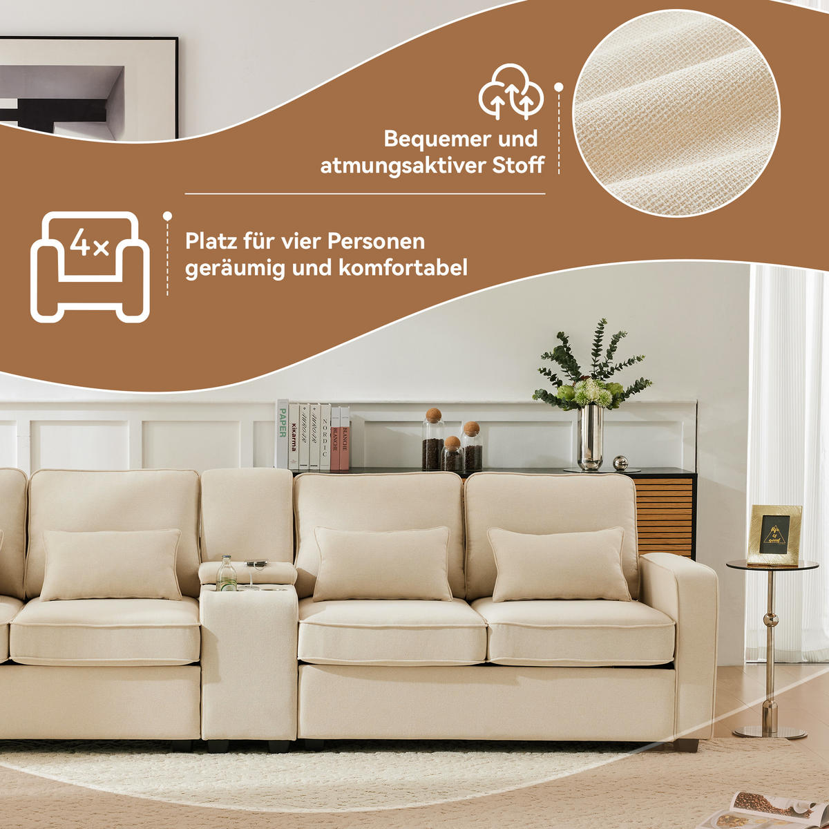 4-SITZER Sofa Leinenstoff mit Konsole USB-Anschluss und 2 Getränkehaltern 290/83/88 cm Beige - Beige, Textil (88/290/83cm) - Redom