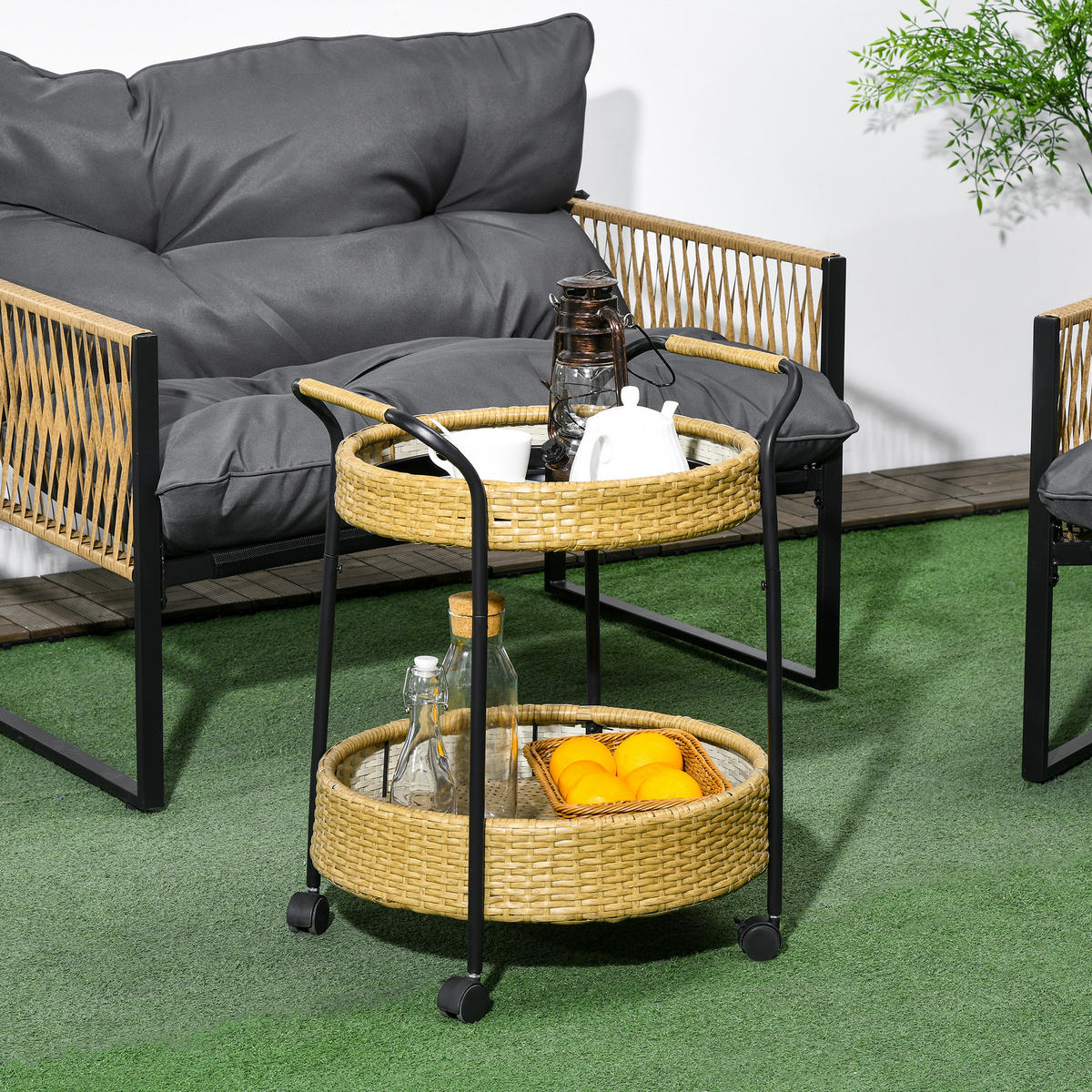 SERVIERWAGEN Rattan Trolley, Natur - Naturfarben, Metall (50/66/50cm) - Outsunny