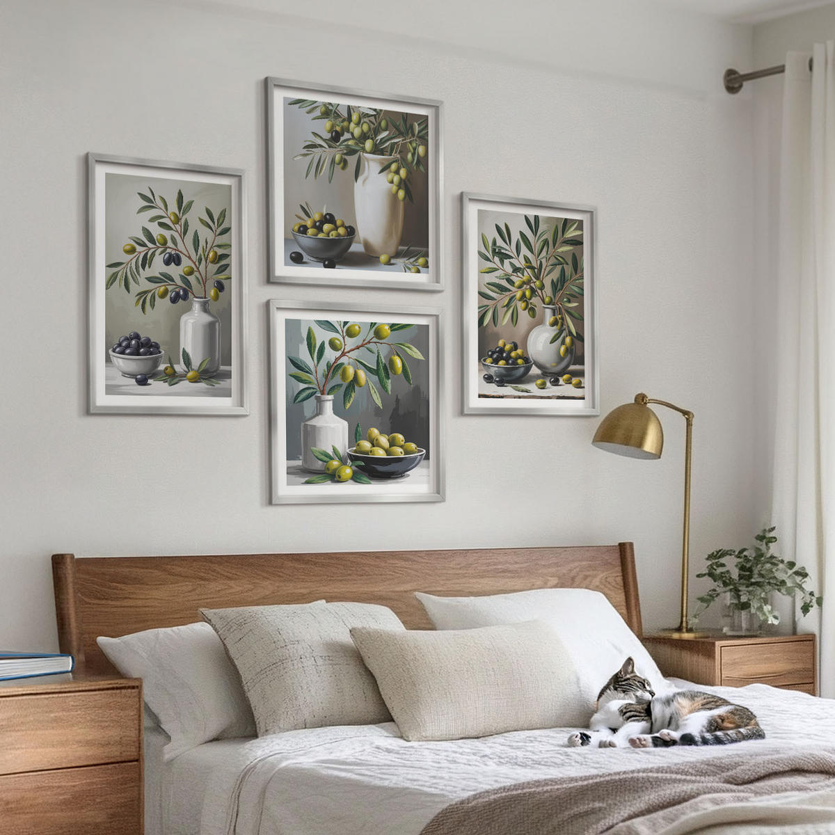 WANDBILDER 4er Set - 50x50 cm & 40x60 cm Silberner Rahmen - Oliven in Keramikgrau - Silberfarben, Kunststoff (50/50cm) - ArtPrintCave