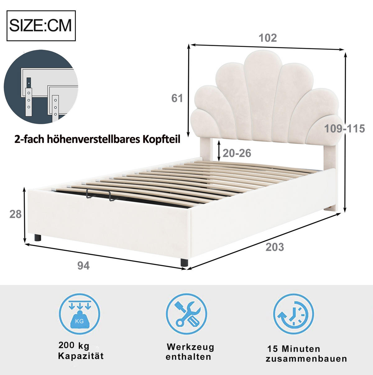 TAPECIRANI krevet 90/200 cm s cvjetnim uzglavljem i hidrauličnim spremištem, Bež - bež, tekstil (90/200cm) - Redom
