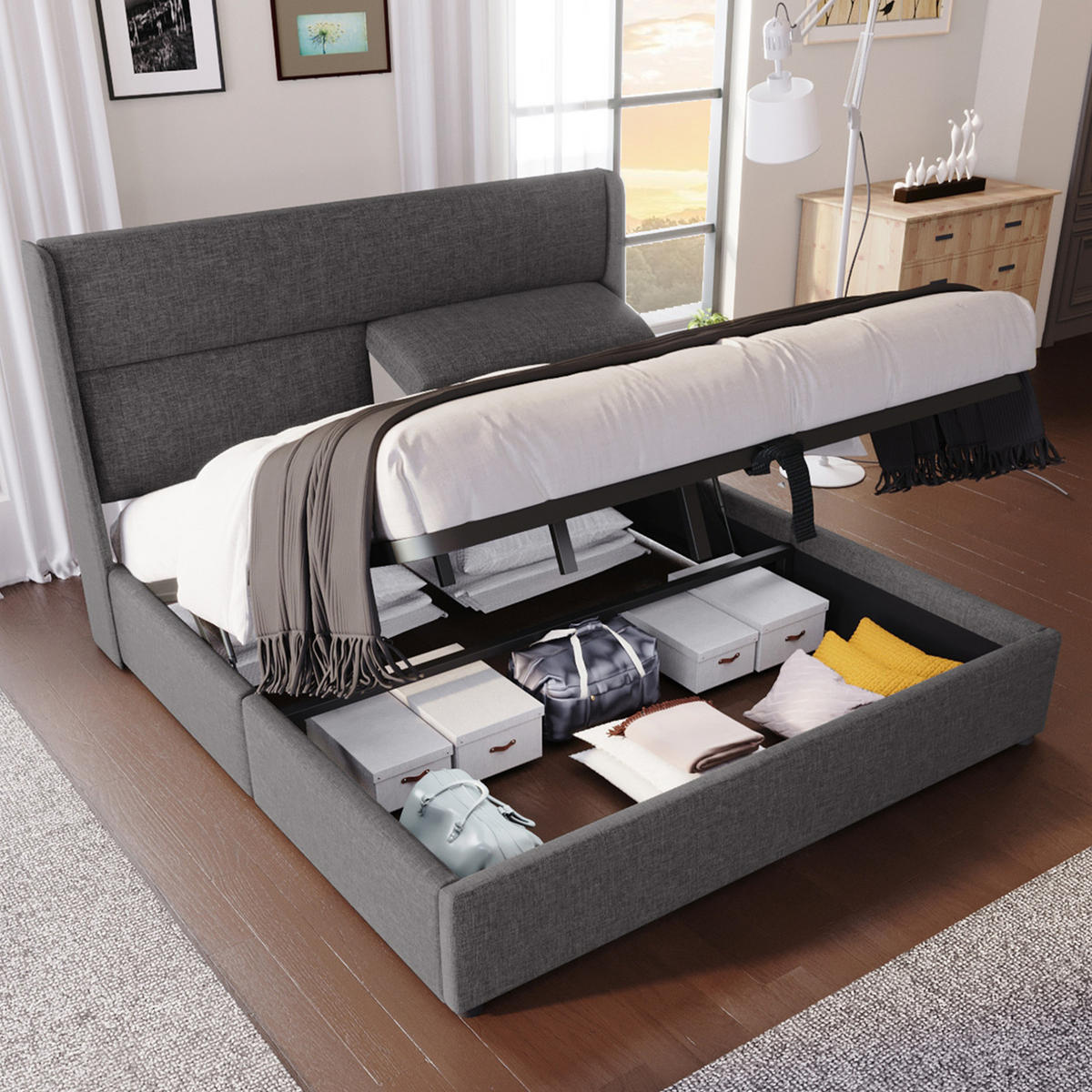 POLSTERBETT 160/200 cm Grau aus Leinen mit Stauraum - Grau, Textil (160/200cm) - OKMYHOME