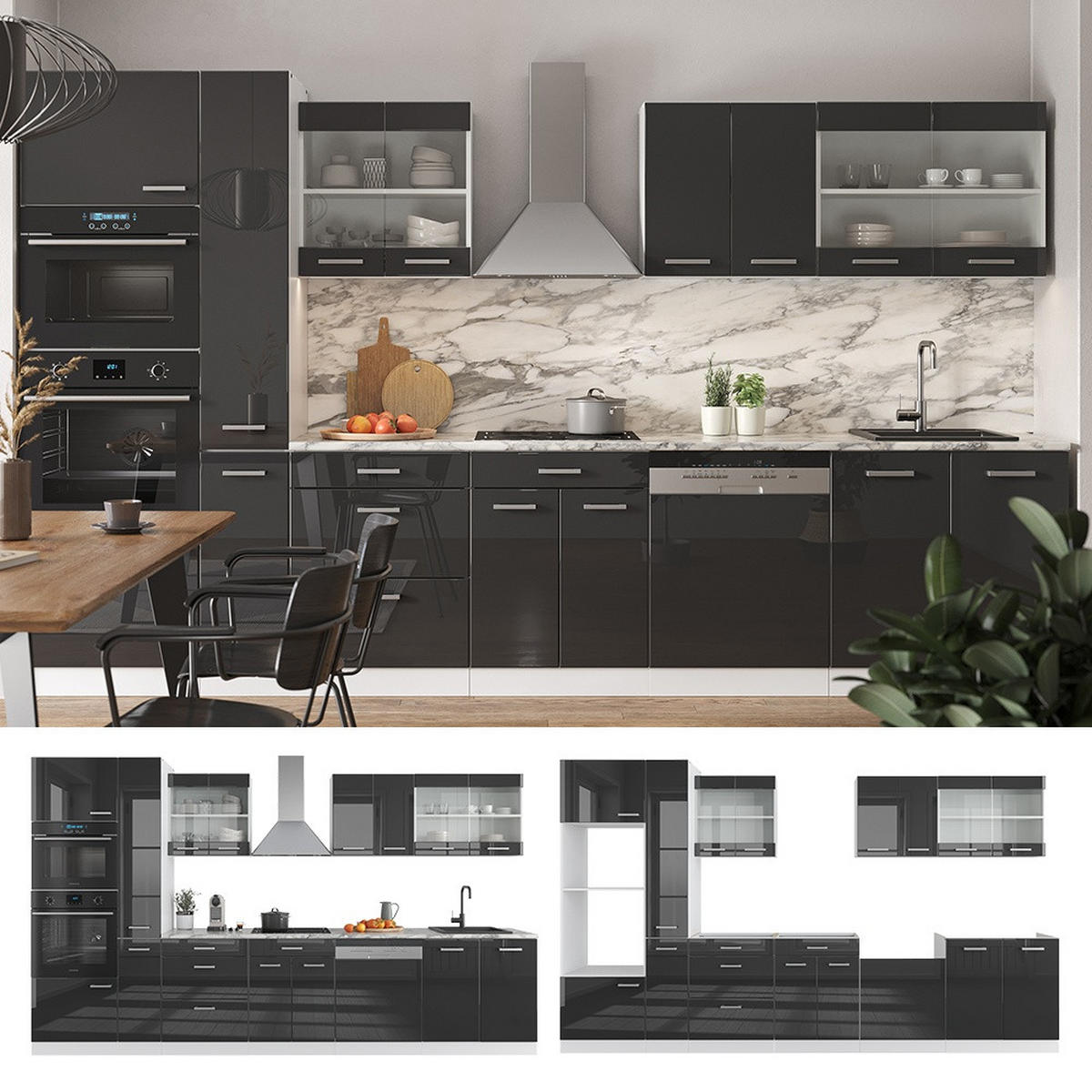 PENTRY R-Line Antracit högblank/vit 350 cm med högskåp, AP marmor - Vit/Svart högglans, Träbaserade material (350/206.8/60cm) - Vicco