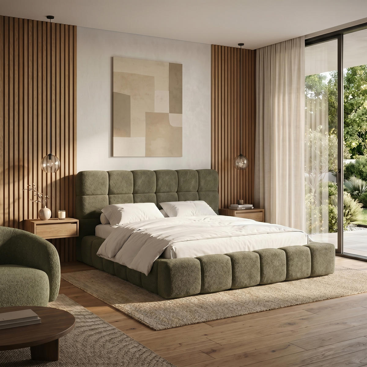 POLSTERBETT AMITY MAXI 160x200 cm in Mintgrün, gepolstertes Kopfteil, Lattenrost, Bettkasten, Bouclé-Stoff - Naturfarben/Mintgrün, Holz/Textil (160/200cm) - Muffo